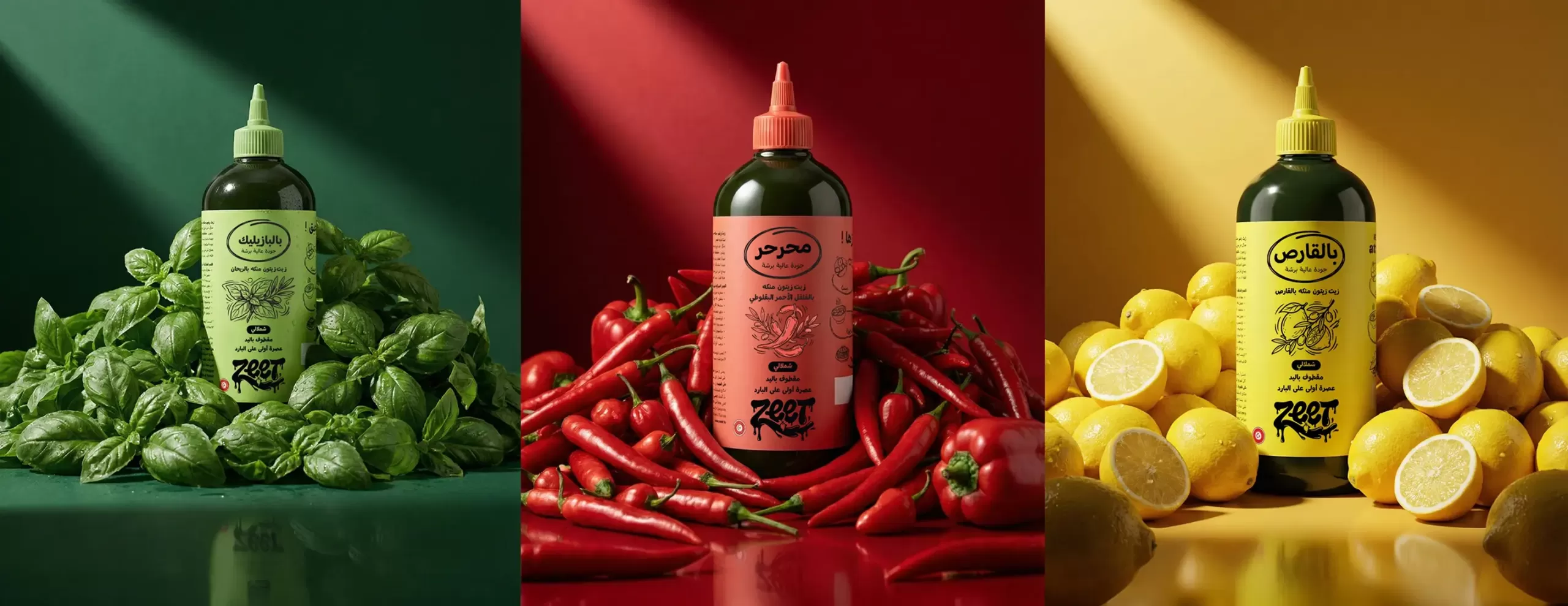 Bouteilles et identité de marque Zeet, huile d’olive premium Harimella